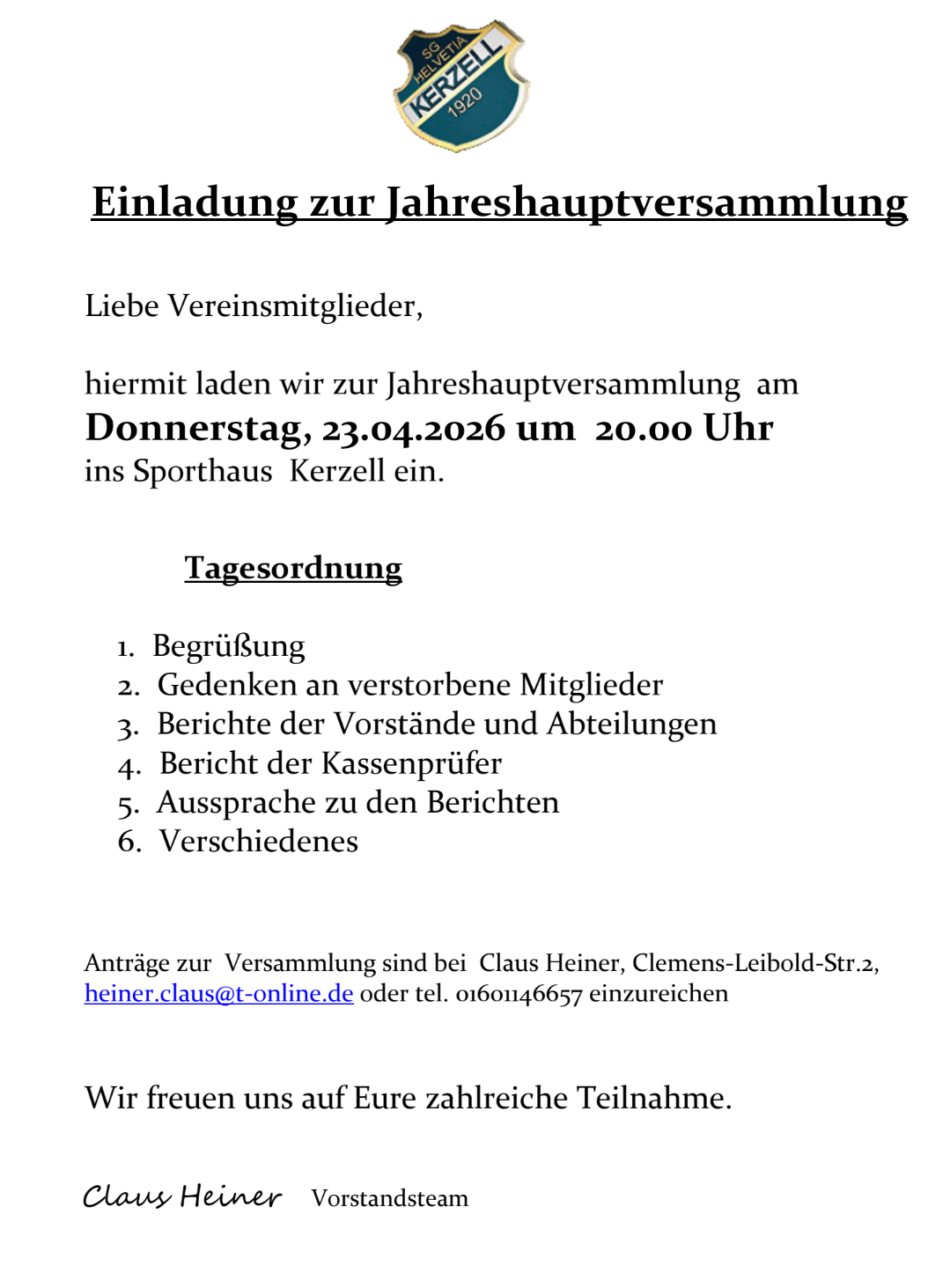 Jahreshauptversammlung SG Kerzell 2026